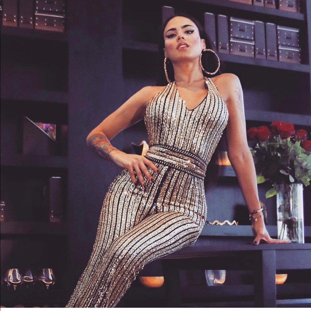 Halia gold sequined halter belted jumpsuit